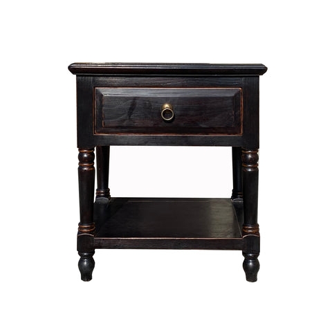 Oriental Distressed Black Brown Lacquer Elm Wood Nightstand  Handmade  Chinese End Table cs7249S