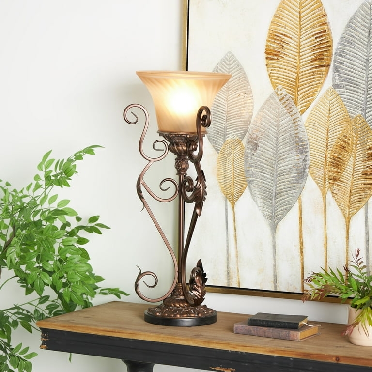 Ornate Bronze Scrollwork Table Lamp with Fluted Glass Shade, Uplight Design