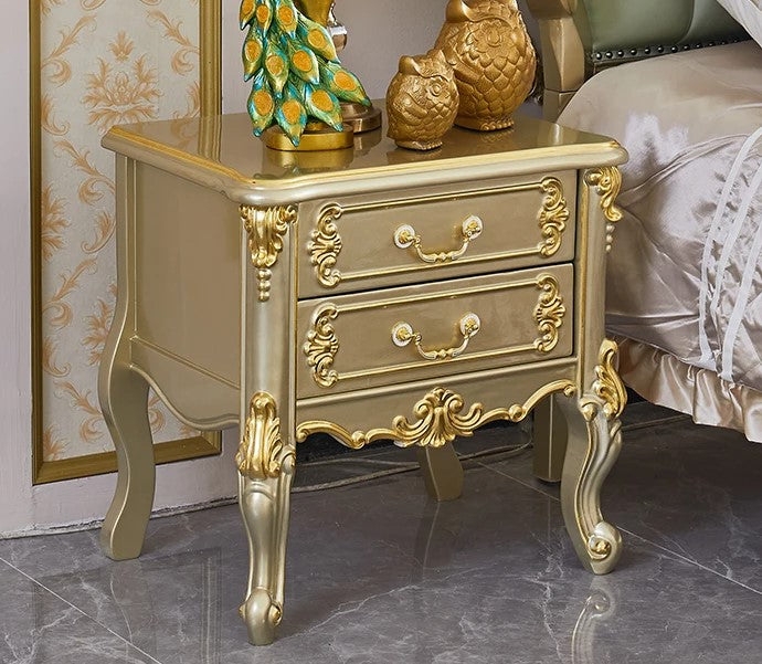 Ornate Champagne Gold Nightstand Glossy Rococo Scrollwork Carvings