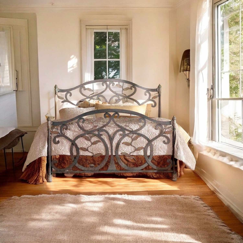 Ornate Iron Bed Frame Botanical Leaf Motifs Scrollwork Detail