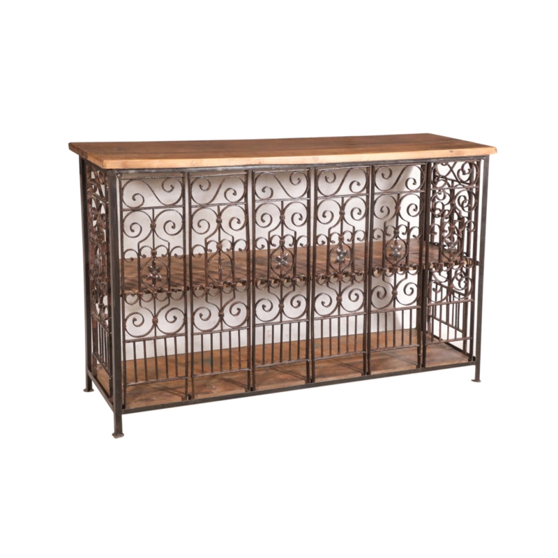 Ornate Iron Console Table with Floral Motifs and Three Tiers