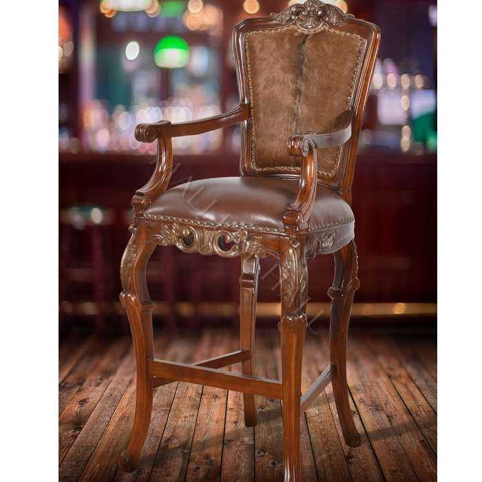 Ornate Mahogany Bar Stool Hair-on-Hide Leather Carved Cabriole Legs.
