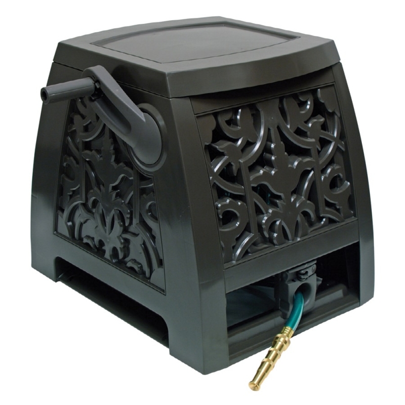 Ornate Resin Hose Reel Box: Dark Bronze, Hinged Lid, Scrollwork