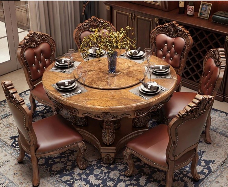 Ornate Round Marble Dining Set, Carved Base Tufted Chairs