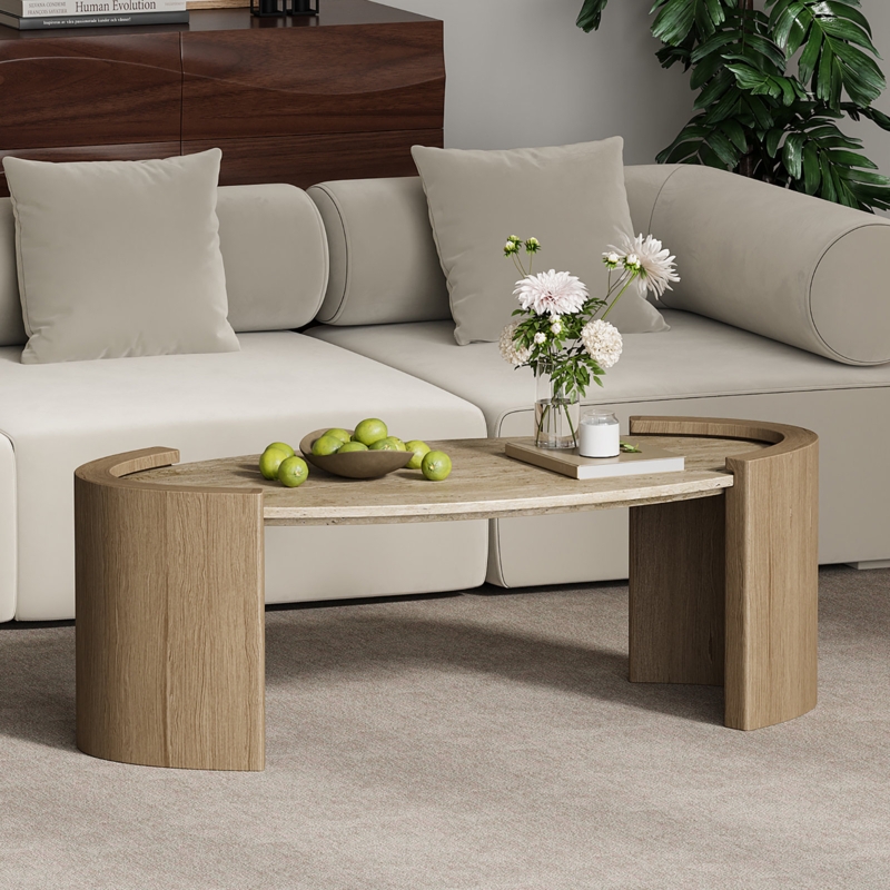 Orren Ellis 43" Japandi Oval Travertine Stone Top Coffee Table | Wayfair