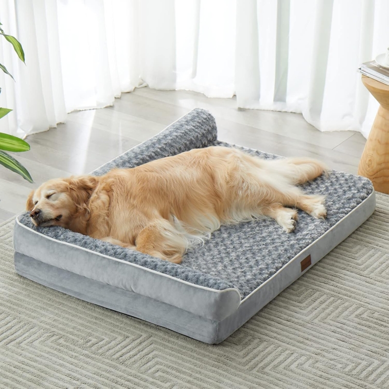 Orthopedic Pet Bed L-Shaped Bolster Charcoal Grey Curly Fleece Cozy Contemporary