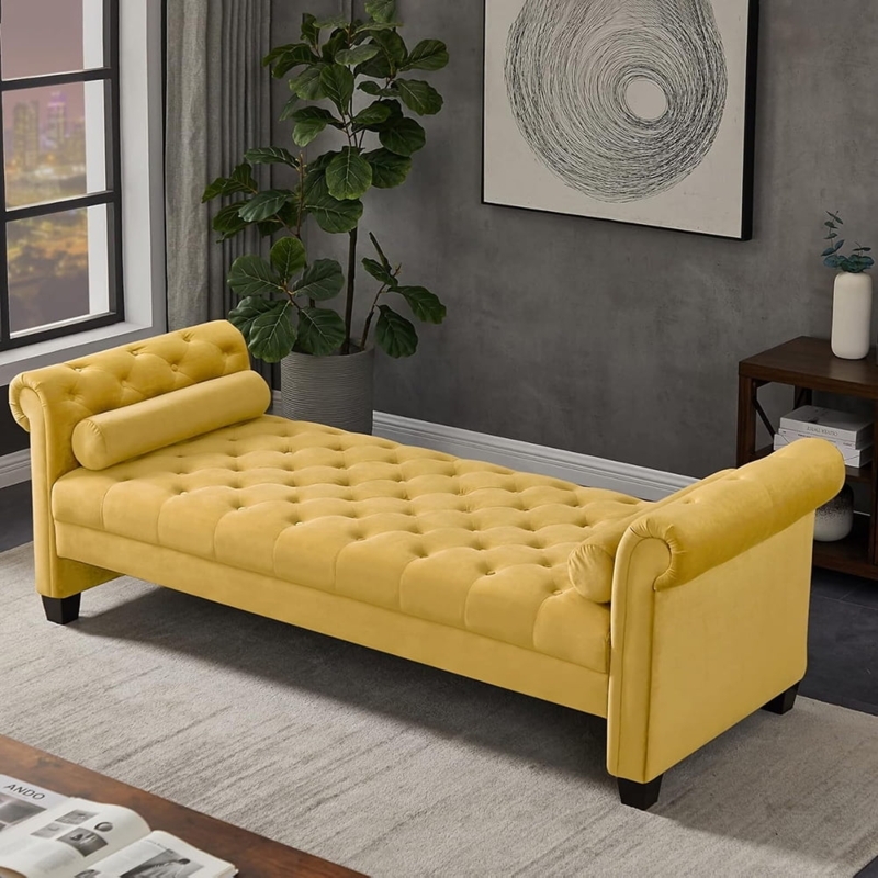 Ottoman Bench 82 Inch Mustard Velvet with Rolled Arms and Tufting.