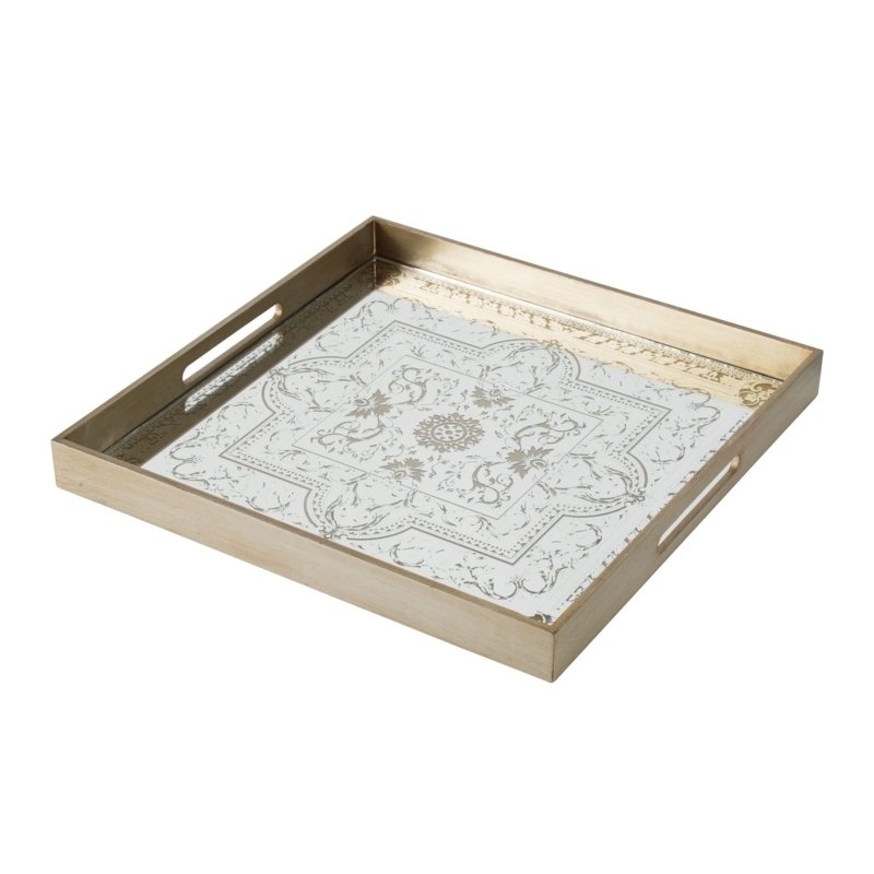 Ottoman Tray, Champagne Gold, Etched Damask Pattern, Mirrored Base, Square
