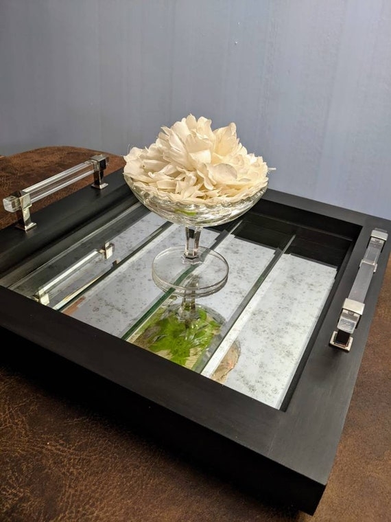 Ottoman Tray, Matte Black Wood, Beveled Mirror Tiles, Lucite Silver Handles