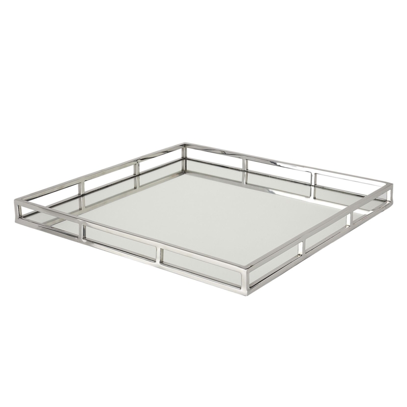 Ottoman Tray, Square, Polished Silver, Geometric Cutouts, Mirrored Base