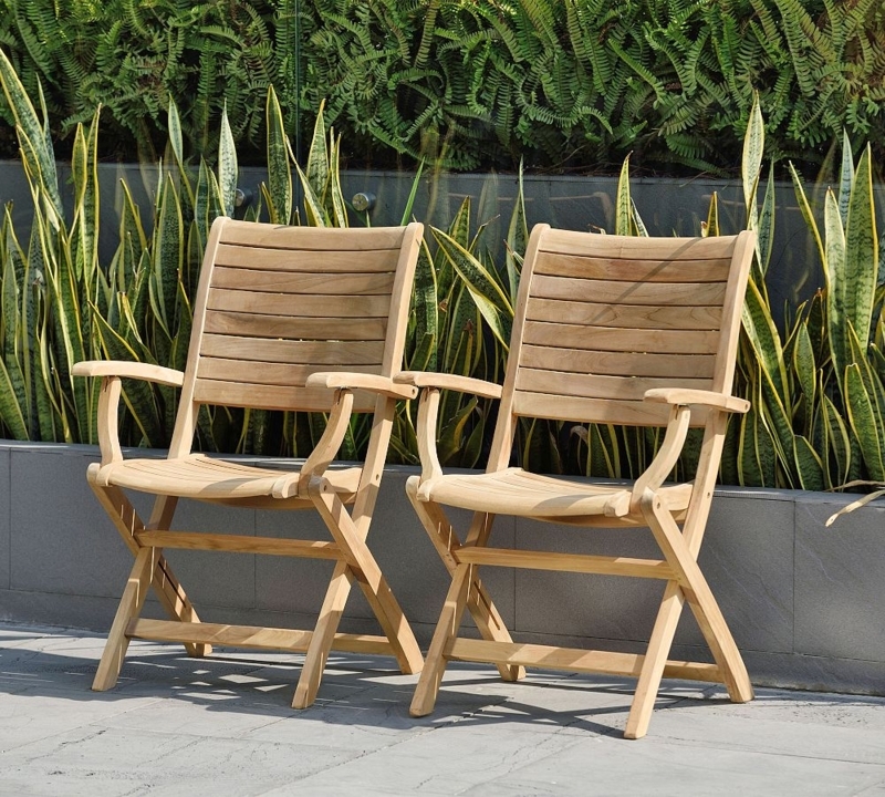 Outdoor Armchair Folding Honey Tone Curved Arms X-Frame
