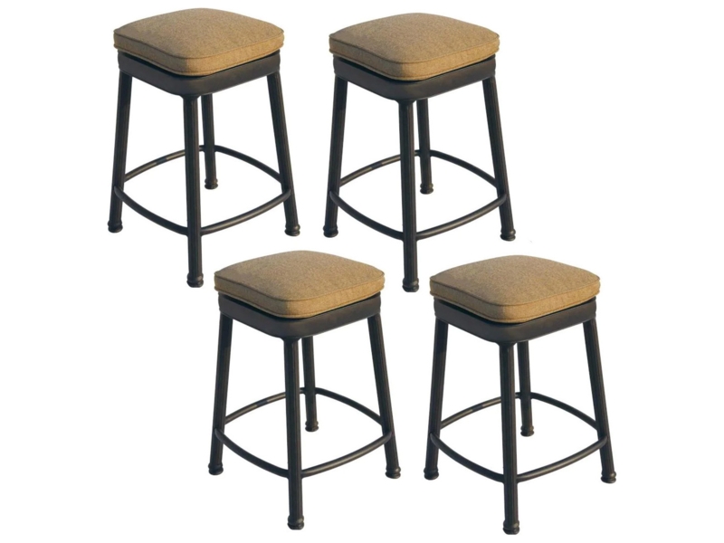 Outdoor Bar Stool Set Cast Aluminum Dark Bronze Tan Cushions Arched