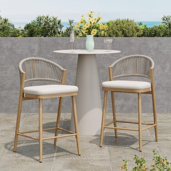 Outdoor Bar Stool with Corded Rattan Back and Maple Finish Frame