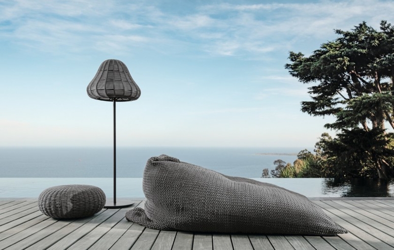 Outdoor Bean Bag, Charcoal Grey Rope Weave Knit Texture with Matching Pouf