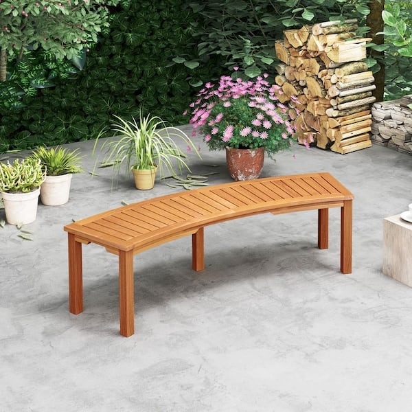 Outdoor Bench Acacia Wood Slatted Curved Seat 3-Person Heavy Duty