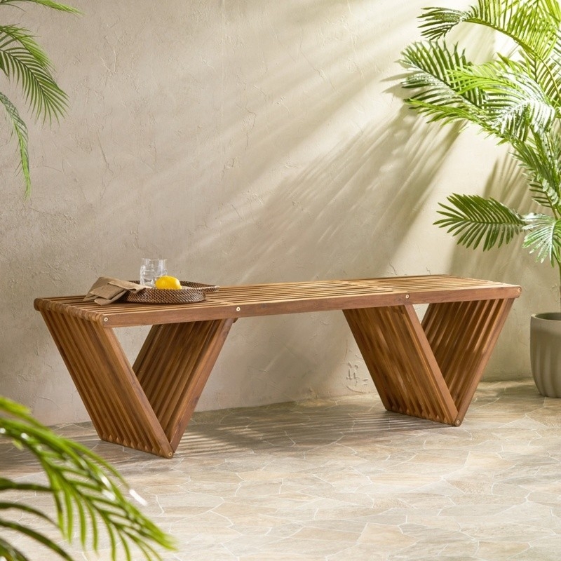 Outdoor Bench Acacia Wood Slatted Seat V-Shaped Legs Sculptural