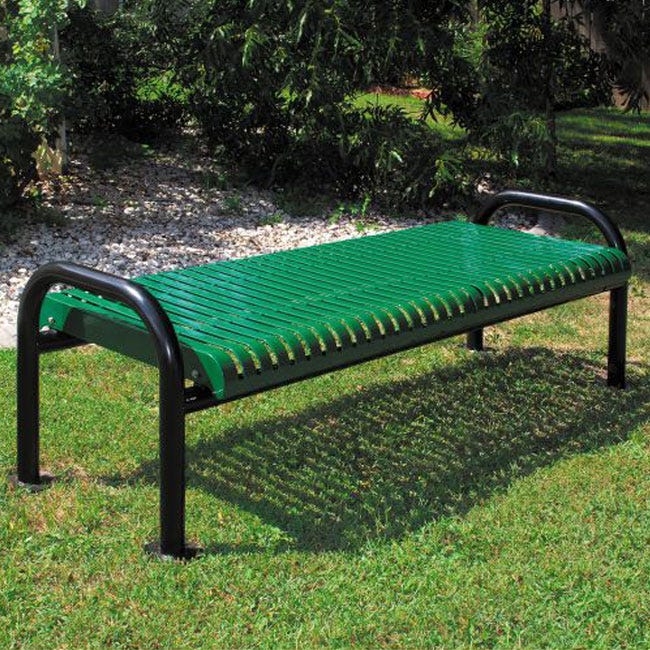 Outdoor Bench Backless Silhouette Contoured Seat Forest Green Slats