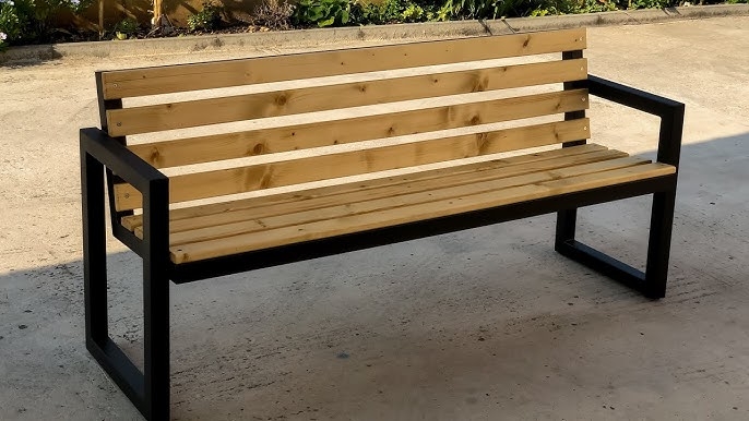 Outdoor Bench Black Steel Frame Wood Slats Integrated Arms Design
