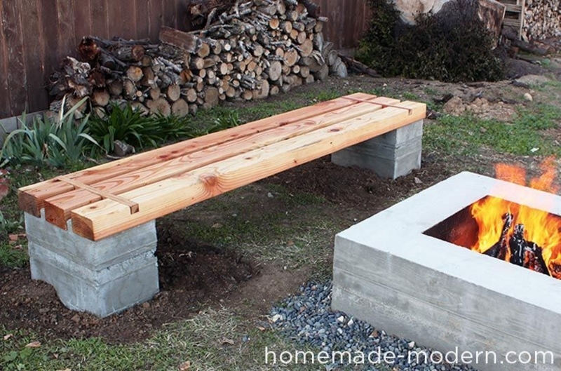 Outdoor Bench Concrete Block Base Thick Wood Beams Industrial Style
