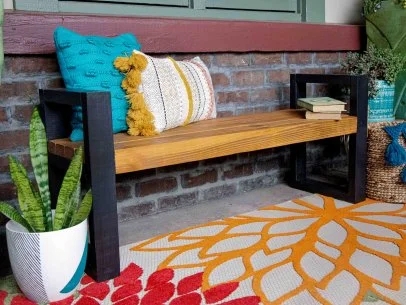 Outdoor Bench Honey Oak Seat Matte Black Block Legs Industrial Style