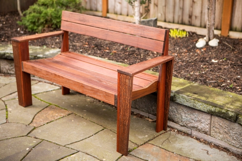 Outdoor Bench Ipe Wood Slatted Back Integrated Wide Arms