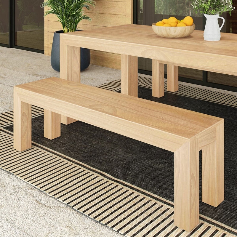 Outdoor Bench Solid Blonde Wood Thick Block Legs Plank Seat