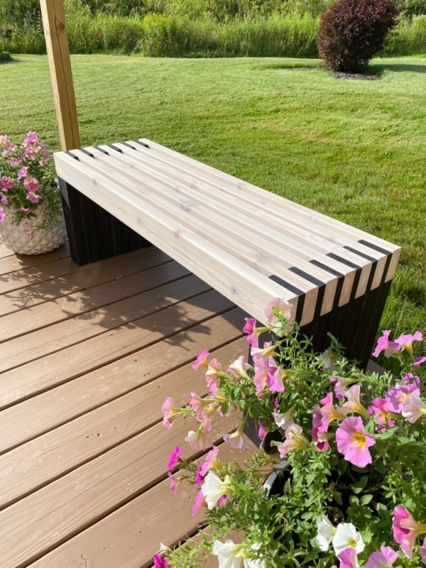 Outdoor Bench Two-Tone Black Whitewashed Wood Waterfall Edge