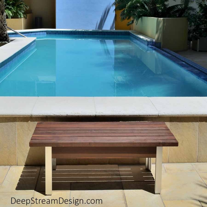 Outdoor Bench Walnut Slats Brushed Metal Legs Low Profile