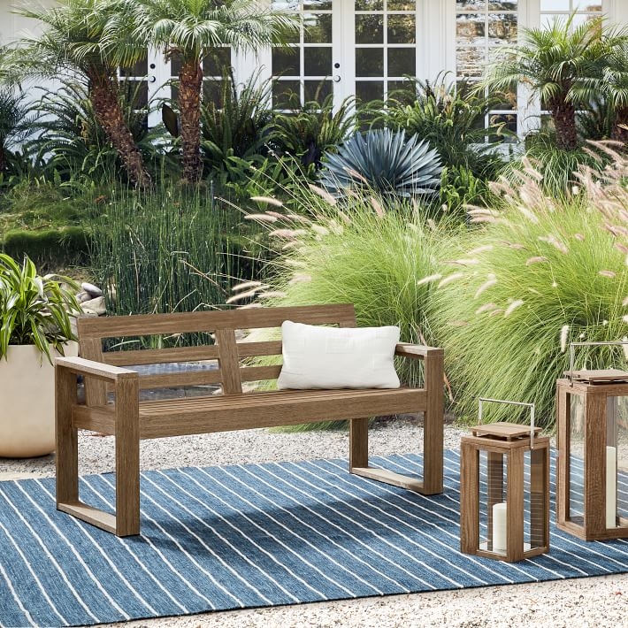 Outdoor Bench Weathered Wood Sled Base Slatted Back Coastal Style