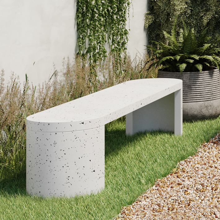 Outdoor Bench White Terrazzo Pill Shaped Top Asymmetrical Legs