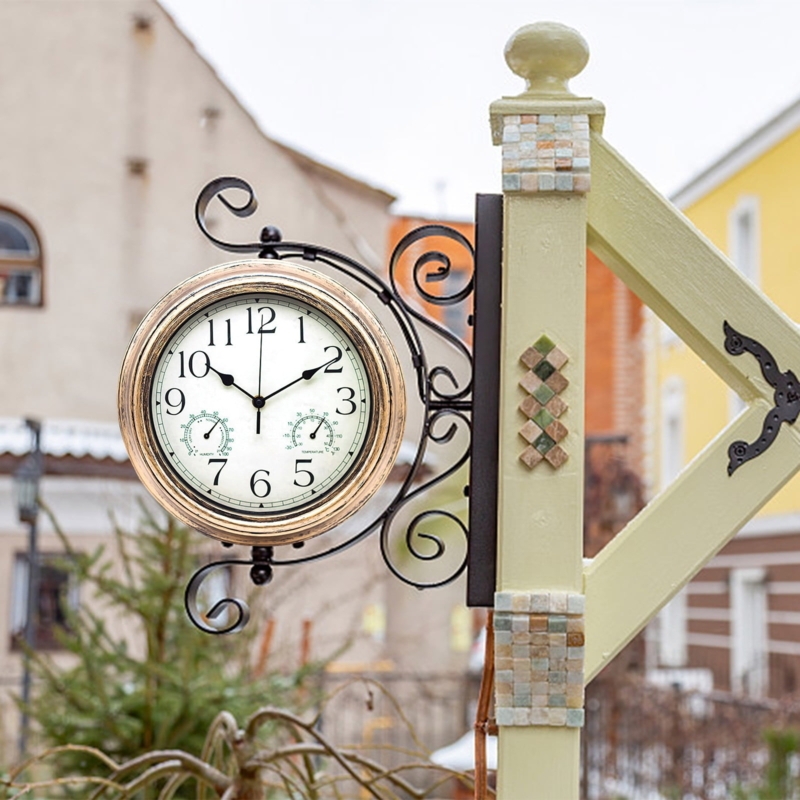 Outdoor Clock Retro Bronze, Thermometer Dial, Scrollwork Bracket