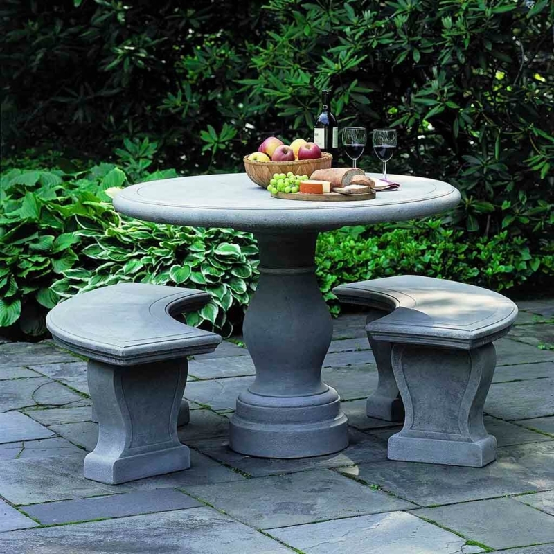 Outdoor Dining Set: Cast Stone, Curved Crescent Benches, Classical Style.