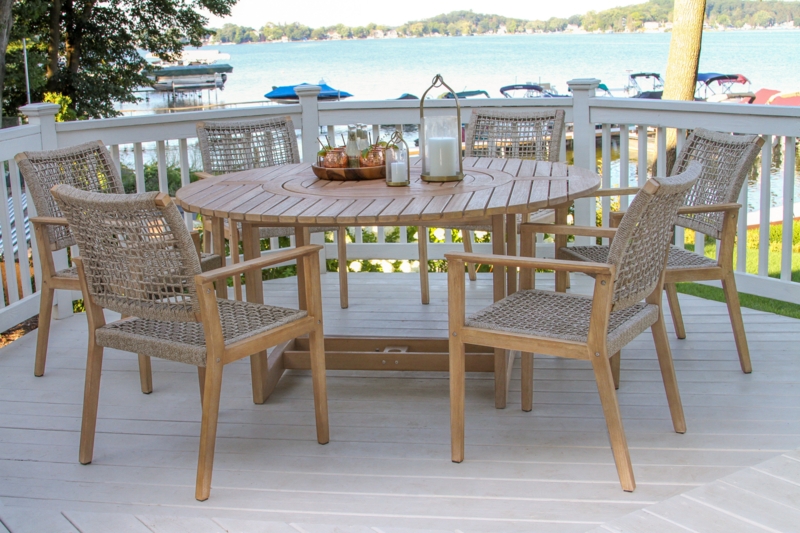 Outdoor Dining Set Light Wood Woven Mesh Chairs Central Insert
