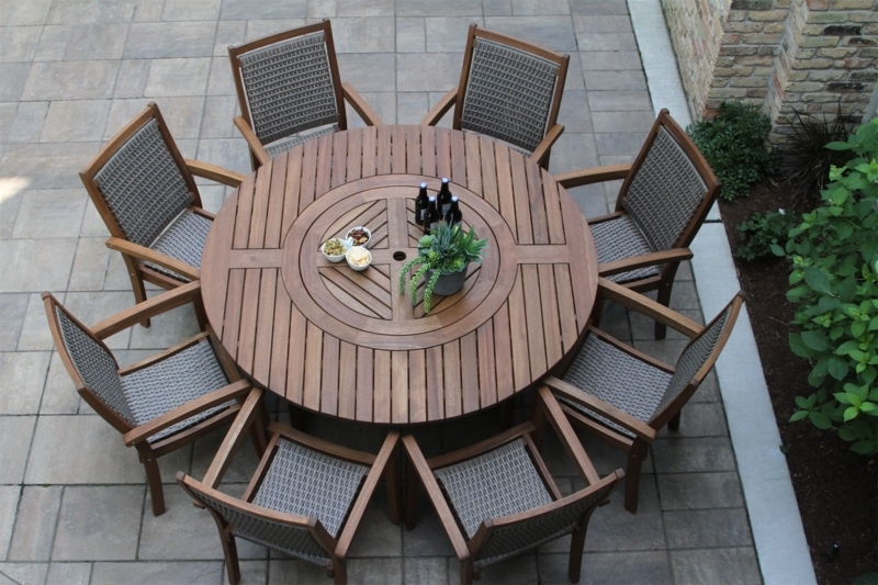 Outdoor Dining Set Radiating Slat Wood Top Lazy Susan Gray Woven