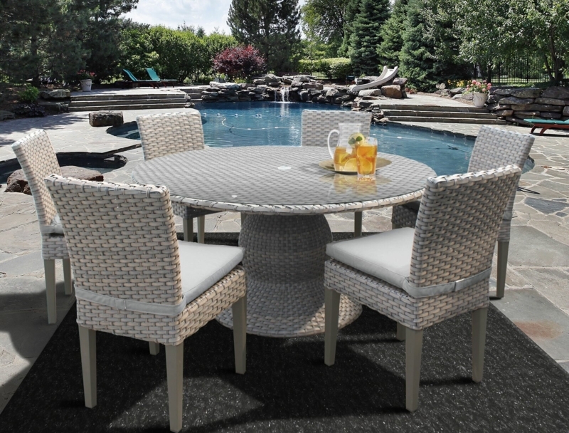 Outdoor Dining Set Round Glass Top Woven Wicker Pedestal Greige