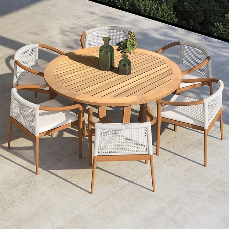 Outdoor Dining Set White Woven Backrest Natural Wood Pedestal Base