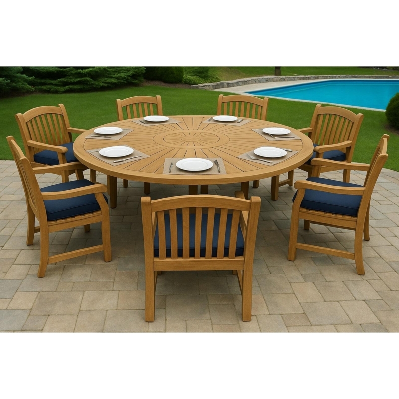 Outdoor Dining Set Wood Radial Slat Top Built-In Lazy Susan Navy