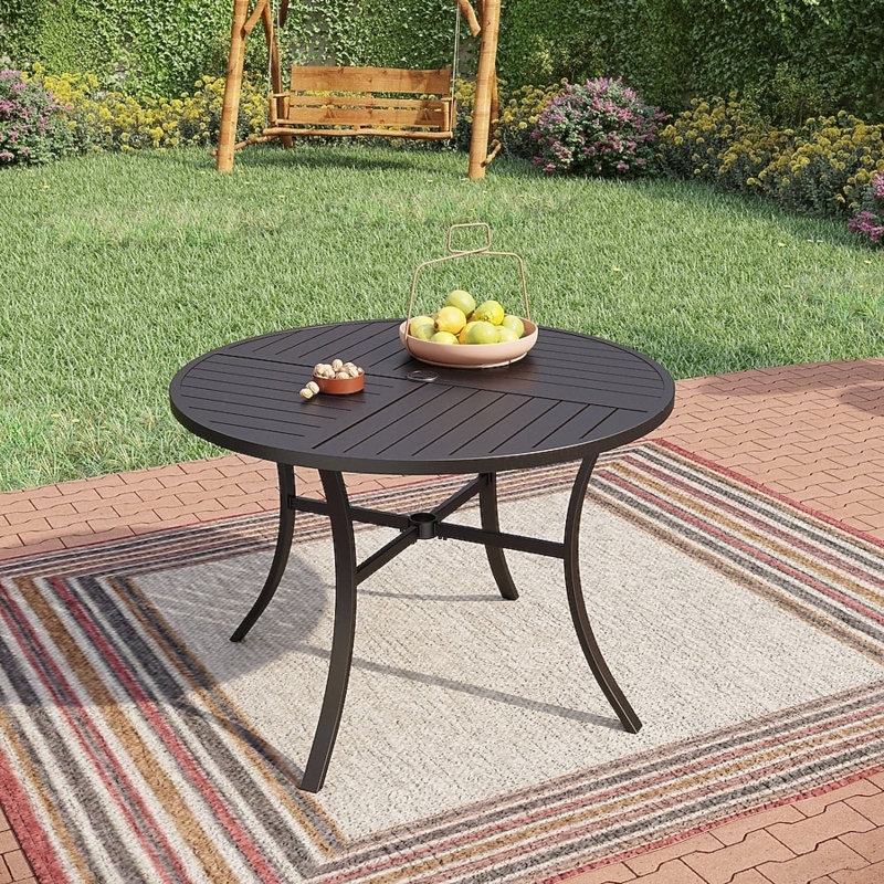 Outdoor Dining Table Black Metal Slatted Top Curved Legs X-Base