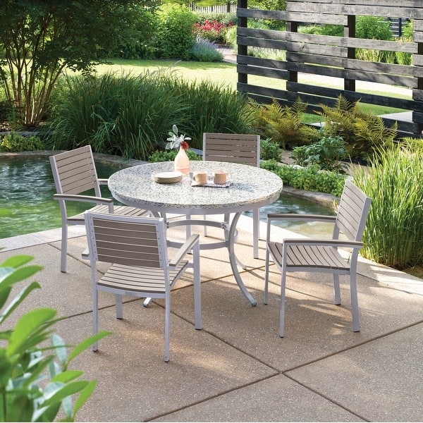 Outdoor Dining Table: Round Granite Ash Top, Slatted Look, Aluminum Frame.