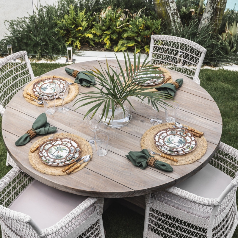 Outdoor Dining Table Weathered Teak Round Planked Top White Chairs