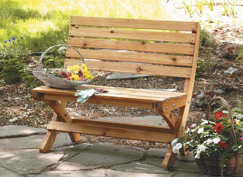 Outdoor Folding Bench Honey Brown Wood Slat Back X-Frame Legs