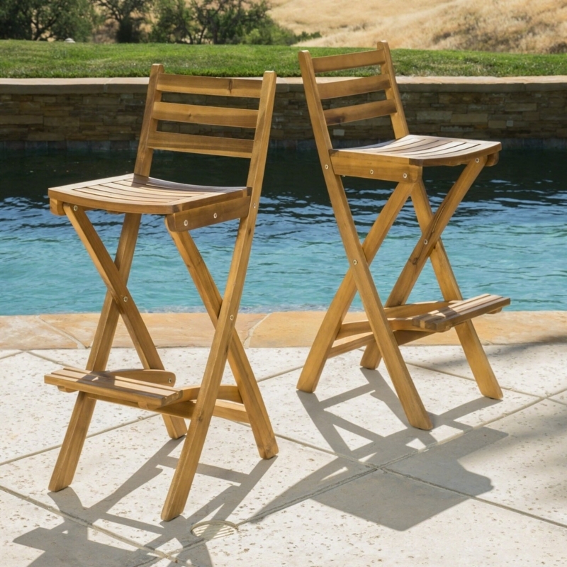 Outdoor Folding Wood Bar Stool Slatted Back Rustic Patio