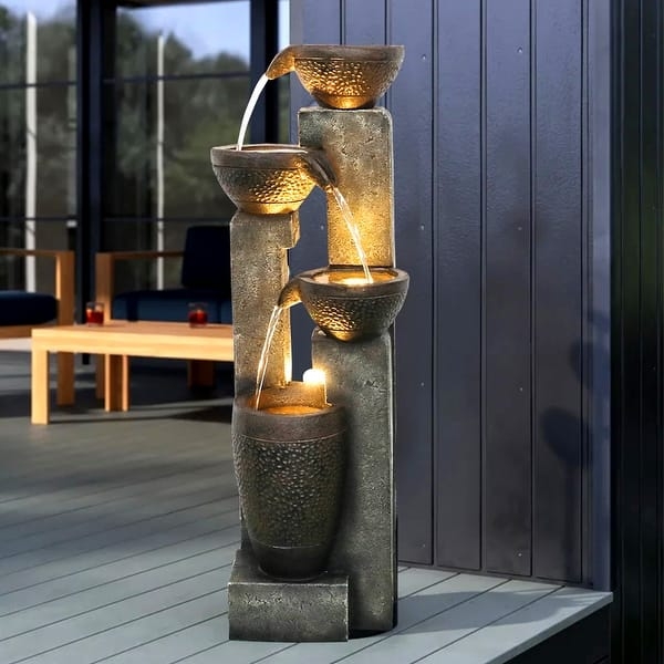 Outdoor Fountain 4-Tier Cascade with Hammered Bowls and LED Lights
