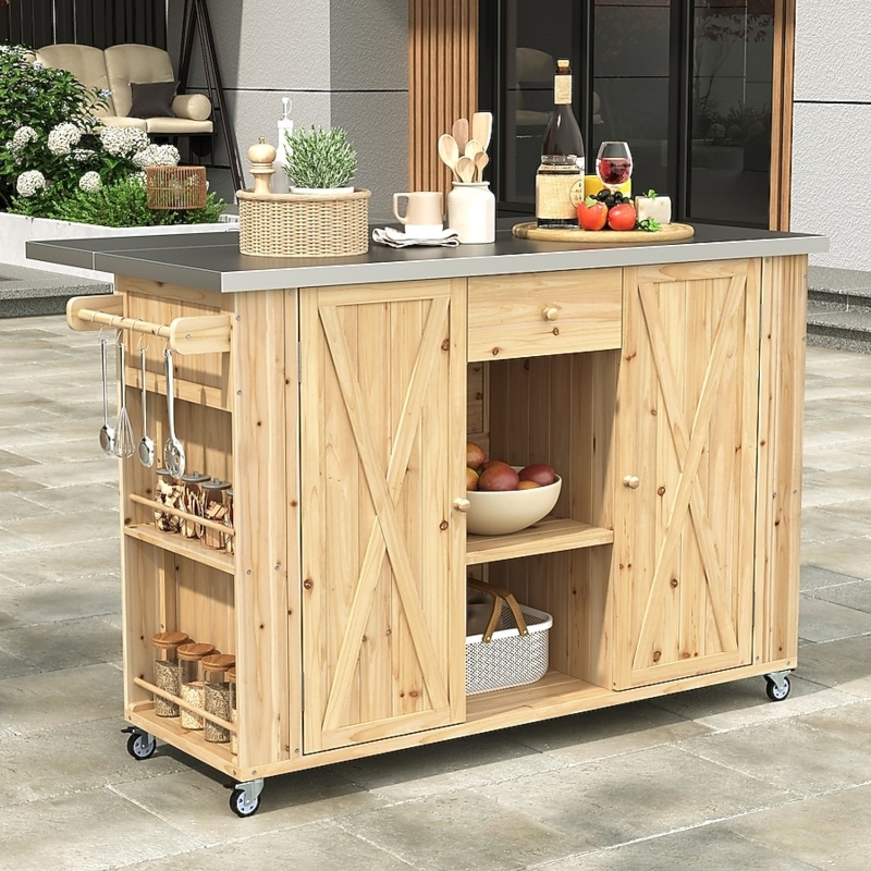 Outdoor Kitchen Island Fir Wood Stainless Top Towel Hooks