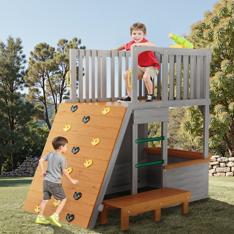 Outdoor Playhouse Grey Rustic Wood Climbing Ramp Lookout Post