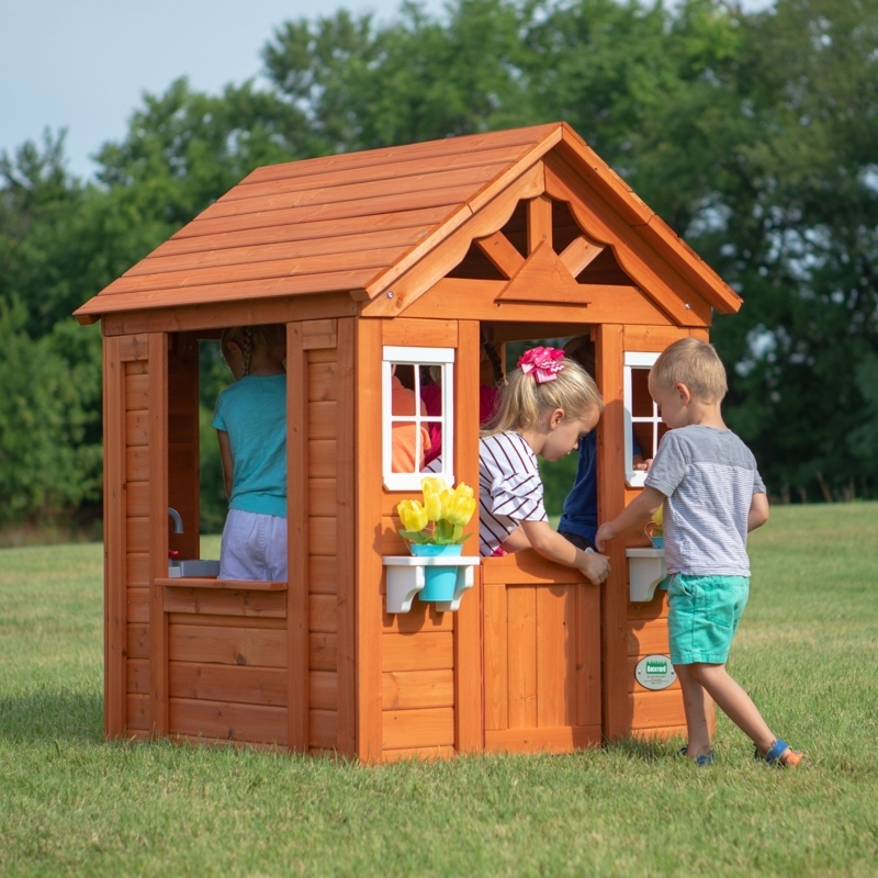 Outdoor Playhouse Rustic Cottage Warm Cedar Sunburst Gable Side Ledge