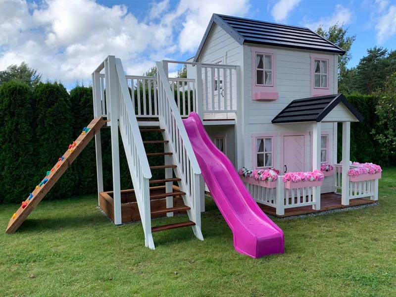 Outdoor Playhouse Two Story White Pink Slide Integrated Climbing Wall