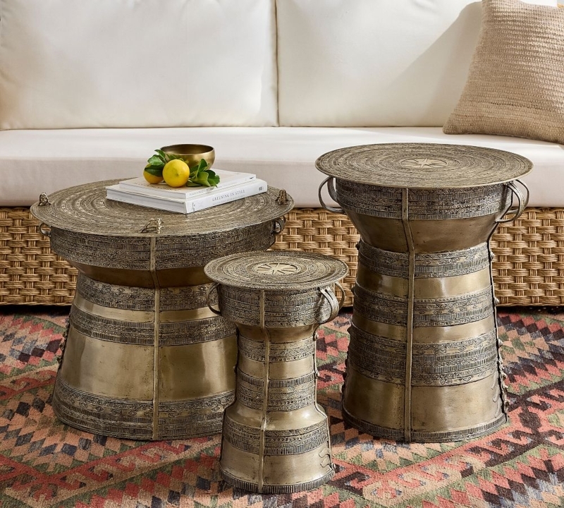 Outdoor Side Table Antique Bronze Etched Detailing Geometric Bands