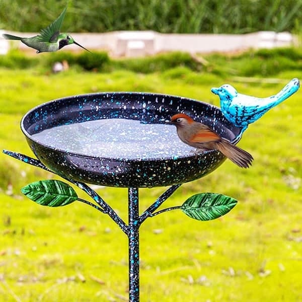 Outdoor Stake Bird Bath with Whimsical Blue Splatter Paint Finish