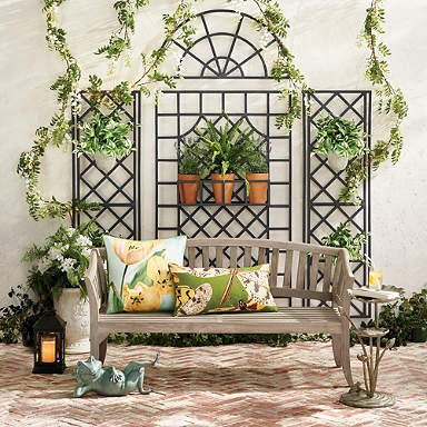 Outdoor Trellis Set Black Metal Arched Center Integrated Shelf